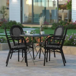 Emma & Oliver Colmar Set Of Four Indoor/Outdoor Stacking Thonet Bistro Style Chairs With Arms, PE Rattan Seat And Finished Metal Frame -Home office GUEST 0075d183 7da2 4e18 9be4 1fcdd7f14d79