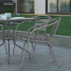 Emma And Oliver 31.5'' Square Glass Top Metal Table With 4 Aluminum Slat Stack Chairs -Home office GUEST 01487de4 7548 4c2b bfeb d7916da064ac