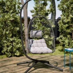 Emma And Oliver Awen Foldable Hanging Egg Chair With Woven Finish, Removable Cushions, And Included Stand For Indoor And Outdoor Use -Home office GUEST 01b60baf dab1 4aca 9f4d 579ff18bbb2a