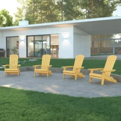Emma And Oliver Set Of 4 Indoor/Outdoor Poly Resin Folding Adirondack Chairs, All-Weather Chairs For Porch, Patio, Or Sunroom