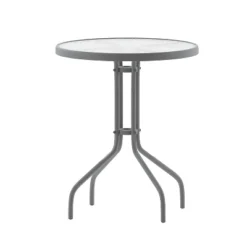 Emma And Oliver 23.75'' Round Glass Top Metal Table With 2 Aluminum Slat Stack Chairs -Home office GUEST 050e6e6c 48bc 4fc1 9b00 ac2ae9e3b1fd 1