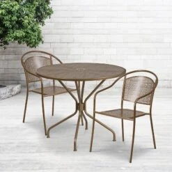 Emma And Oliver Commercial Grade 35.25" Round Gold Patio Table Set-2 Round Back Chairs