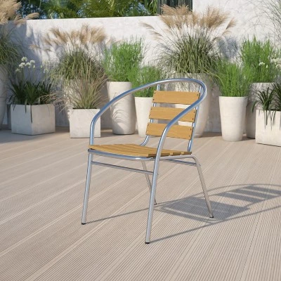 Emma And Oliver 4 Pack Commercial Aluminum Indoor-Outdoor Stack Chair - Triple Slat Faux Teak Back 1 Emma And Oliver 4 Pack Commercial Aluminum Indoor-Outdoor Stack Chair - Triple Slat Faux Teak Back