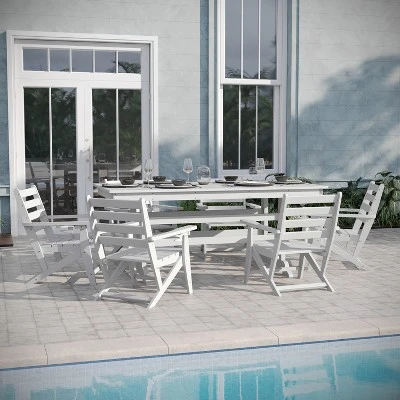 Emma And Oliver 7 PC Adirondack Dining Set With 72" Rectangle Indoor/Outdoor Recycled HDPE Table And 6 Chairs With Cupholders 1 Emma And Oliver 7 PC Adirondack Dining Set With 72" Rectangle Indoor/Outdoor Recycled HDPE Table And 6 Chairs With Cupholders