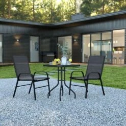 Emma And Oliver Three Piece Patio Table Set With Square Metal Frame Table With Tempered Glass Top And Two Flex Comfort Stacking Chairs