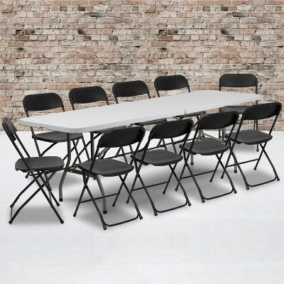 Emma And Oliver 8' Bi-Fold White Plastic Event/Training Folding Table Set W/ 10 Folding Chairs 1 Emma And Oliver 8' Bi-Fold White Plastic Event/Training Folding Table Set W/ 10 Folding Chairs