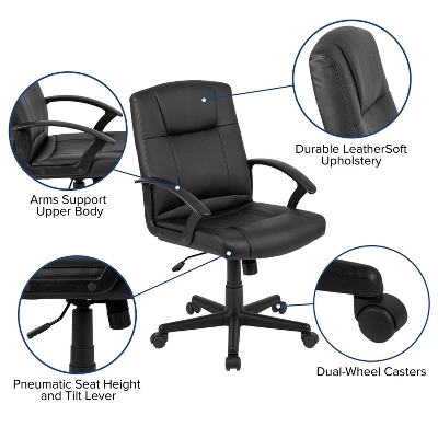 Emma And Oliver Mid-Back Black LeatherSoft-Padded Task Office Chair With Arms 4 Emma And Oliver Mid-Back Black LeatherSoft-Padded Task Office Chair With Arms - Image 4