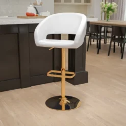 Emma And Oliver Shae Contemporary Upholstered Adjustable Height Barstool With Rounded, Cutout Mid-Back And Pedestal Base