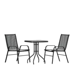 Emma And Oliver Three Piece Patio Table Set With Square Metal Frame Table With Tempered Glass Top And Two Flex Comfort Stacking Chairs -Home office GUEST 177483c8 56fd 4319 b3e3 0df97e3060c6