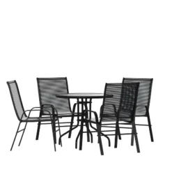 Emma And Oliver Five Piece Patio Table Set With Round Metal Table With Tempered Glass Top And 4 Flex Comfort Stacking Chairs -Home office GUEST 186bec1e b36c 4c7a a7d0 e39a21ee3bb8