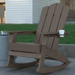Emma And Oliver Adirondack Rocking Chair With Cup Holder, Weather Resistant HDPE Adirondack Rocking Chair In Brown -Home office GUEST 18ebd38c eee1 454e 8b83 204e5682328f