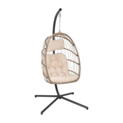 Emma And Oliver Awen Foldable Hanging Egg Chair With Woven Finish, Removable Cushions, And Included Stand For Indoor And Outdoor Use -Home office GUEST 1916b9d8 16b6 4bdd 9357 4a79983d18e1