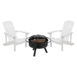 Emma And Oliver Three Piece Hartford Camping Set With Two Faux Wood Adirondack Chairs And Star And Moon Fire Pit With Mesh Cover -Home office GUEST 28c0f3af 11f6 4a8b 8c3b 857b436267d4