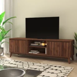 Emma And Oliver Mid-Century Modern Wooden TV Stand With Soft Close Doors, Shelf, Cord Management Hole And Tapered Legs