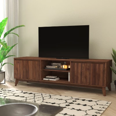 Emma And Oliver Mid-Century Modern Wooden TV Stand With Soft Close Doors, Shelf, Cord Management Hole And Tapered Legs 1 Emma And Oliver Mid-Century Modern Wooden TV Stand With Soft Close Doors, Shelf, Cord Management Hole And Tapered Legs