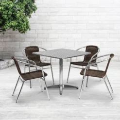 Emma And Oliver 31.5" Square Aluminum Garden Patio Table Set With 4 Rattan Chairs
