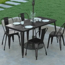 Emma And Oliver Indoor/Outdoor Dining Table With Umbrella Hole, 30" X 60" Rectangular All Weather Poly Resin Top And Black Steel Base