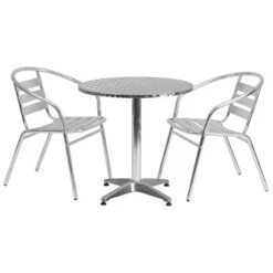 Emma And Oliver 27.5" Round Aluminum Table Set With 2 Slat Back Chairs -Home office GUEST 354b03e5 3698 4576 ae33 8f7046019727