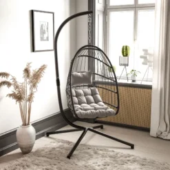 Emma And Oliver Awen Foldable Hanging Egg Chair With Woven Finish, Removable Cushions, And Included Stand For Indoor And Outdoor Use -Home office GUEST 412dff14 59dd 4cb9 8061 35b8ff5b7d68