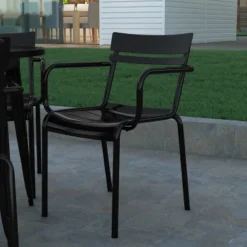 Emma And Oliver Powder Coated Steel Stacking Dining Chair With Arms And 2 Slat Back For Indoor-Outdoor Use