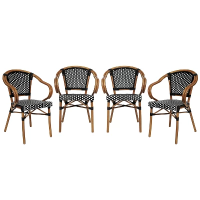 Emma & Oliver Soie Set Of Four Indoor/Outdoor Stacking Thonet Bistro Style Chairs With Arms, PE Rattan Seat And Bamboo Finished Metal Frame 16 Emma & Oliver Soie Set Of Four Indoor/Outdoor Stacking Thonet Bistro Style Chairs With Arms, PE Rattan Seat And Bamboo Finished Metal Frame - Image 16