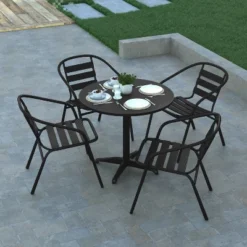Emma And Oliver 31.5'' Round Aluminum Indoor-Outdoor Table Set With 4 Slat Back Chairs -Home office GUEST 466fce07 86e4 4141 acea f9f81e57a2a5