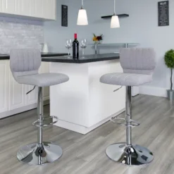 Emma And Oliver 2 Pack Contemporary Vinyl Adjustable Height Barstool With Vertical Stitch Back And Chrome Base