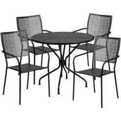 Emma And Oliver Commercial Grade 35.25" Round Metal Garden Patio Table Set, 4 Square Back Chairs -Home office GUEST 523b7849 869e 4626 9b36 f42efda9a732