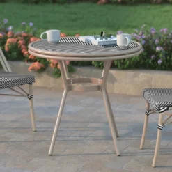 Emma & Oliver Massalia Indoor/Outdoor Bistro Style 31.5 In. Table With Textilene, Glass Top, And Bamboo Finished Metal Frame