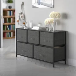 Emma And Oliver 5 Drawer Storage Chest With Wood Top & Dark Fabric Pull Drawers