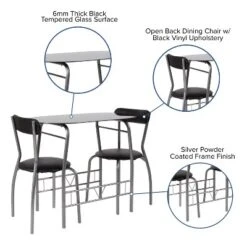 Emma And Oliver 3 Piece Black Glass Space-Saver Bistro Set With Padded Chairs