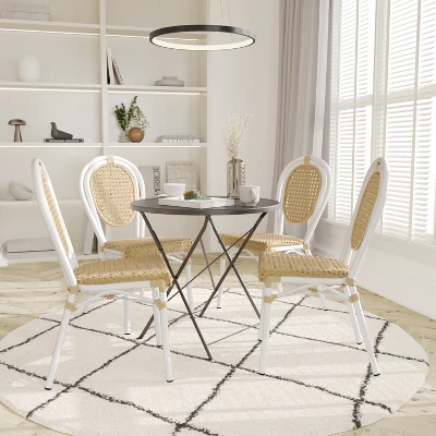 Emma & Oliver Soie Set Of Four Indoor/Outdoor Stacking Thonet Bistro Style Chairs With Arms, PE Rattan Seat And Bamboo Finished Metal Frame