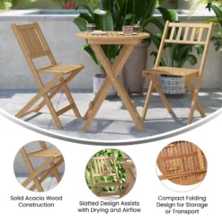 Emma And Oliver All-Weather Three Piece Solid Acacia Wood Patio Bistro Set With Two Folding Chairs And Table -Home office GUEST 5cd619d0 18e0 427f 95c5 20bbf8dae96c