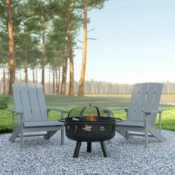 Emma And Oliver Three Piece Hartford Camping Set With Two Faux Wood Adirondack Chairs And Star And Moon Fire Pit With Mesh Cover