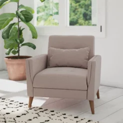 Emma And Oliver Upholstered Mid-Century Modern Arm Chair With Tufted Seat And Back, Pocket Spring Support And Wooden Legs