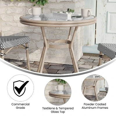 Emma & Oliver Massalia Indoor/Outdoor Bistro Style 31.5 In. Table With Textilene, Glass Top, And Bamboo Finished Metal Frame 3 Emma & Oliver Massalia Indoor/Outdoor Bistro Style 31.5 In. Table With Textilene, Glass Top, And Bamboo Finished Metal Frame - Image 3