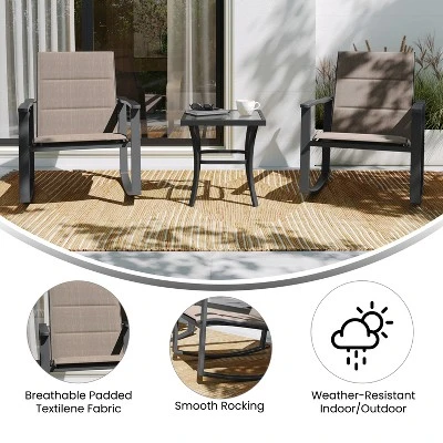 Emma And Oliver 3 Piece Outdoor Rocking Chair Patio Set With Flex Comfort Material And Metal Framed Glass Top Table 6 Emma And Oliver 3 Piece Outdoor Rocking Chair Patio Set With Flex Comfort Material And Metal Framed Glass Top Table - Image 6