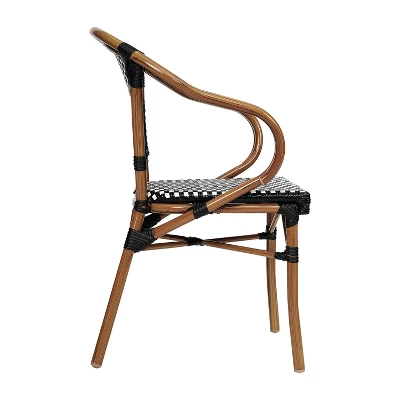 Emma & Oliver Soie Set Of Four Indoor/Outdoor Stacking Thonet Bistro Style Chairs With Arms, PE Rattan Seat And Bamboo Finished Metal Frame 3 Emma & Oliver Soie Set Of Four Indoor/Outdoor Stacking Thonet Bistro Style Chairs With Arms, PE Rattan Seat And Bamboo Finished Metal Frame - Image 3