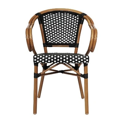 Emma & Oliver Soie Set Of Four Indoor/Outdoor Stacking Thonet Bistro Style Chairs With Arms, PE Rattan Seat And Bamboo Finished Metal Frame 4 Emma & Oliver Soie Set Of Four Indoor/Outdoor Stacking Thonet Bistro Style Chairs With Arms, PE Rattan Seat And Bamboo Finished Metal Frame - Image 4
