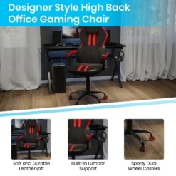 Emma And Oliver Ergonomic High Back Swivel Gaming Chair With Diamond Stitch Black Faux Leather Upholstery With Red Accent Stripes, Padded Arms -Home office GUEST 66e212fa 3abb 4931 9c16 8361a90f8f25