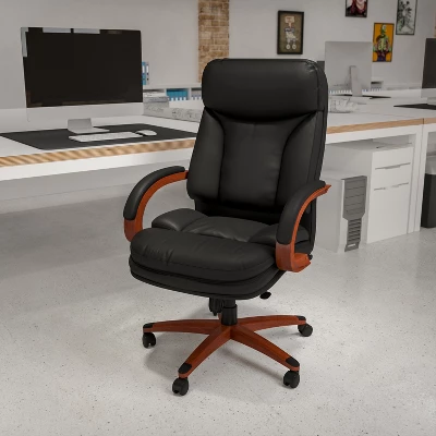 Emma And Oliver High Back Black LeatherSoft Synchro-Tilt Ergonomic Office Chair With Wood Base 1 Emma And Oliver High Back Black LeatherSoft Synchro-Tilt Ergonomic Office Chair With Wood Base