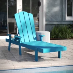 Emma And Oliver Recycled HDPE Adjustable Adirondack Lounger With Fold Out Cupholder For Indoor/Outdoor Use