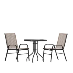 Emma And Oliver Three Piece Patio Table Set With Square Metal Frame Table With Tempered Glass Top And Two Flex Comfort Stacking Chairs -Home office GUEST 7473a469 02bb 42c2 9256 8f9d1f31e4e4