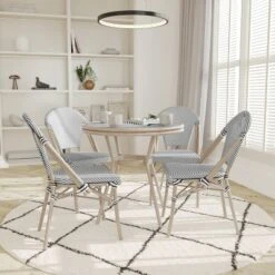 Emma & Oliver Massalia Indoor/Outdoor Bistro Style 31.5 In. Table With Textilene, Glass Top, And Four Chairs - Metal Frame