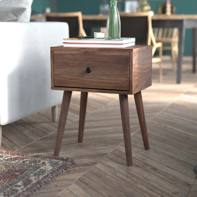 Emma And Oliver Mid-Century Modern Wooden Night Stand With Soft Close Drawer And Sleek Tapered Legs With Protective Floor Glides In Dark Walnut 2 Emma And Oliver Mid-Century Modern Wooden Night Stand With Soft Close Drawer And Sleek Tapered Legs With Protective Floor Glides In Dark Walnut - Image 2