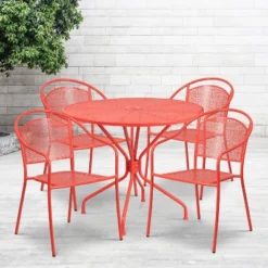 Emma And Oliver Commercial 35.25" Round Metal Garden Patio Table Set W/ 4 Round Back Chairs