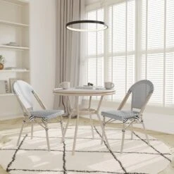 Emma & Oliver Massalia Indoor/Outdoor Bistro Style 31.5 In. Table With Textilene, Glass Top, And Two Chairs - Metal Frame