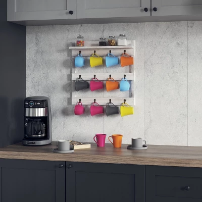 Emma And Oliver Wall Mounted Mug Rack With 12 Coffee Cup Hangers And Built-In Shelf For Coffee, Sugar & More 1 Emma And Oliver Wall Mounted Mug Rack With 12 Coffee Cup Hangers And Built-In Shelf For Coffee, Sugar & More
