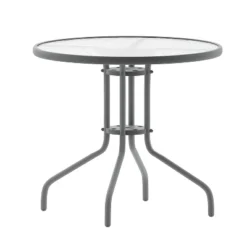 Emma And Oliver 31.5" Round Tempered Glass Metal Table With Smooth Ripple Design Top -Home office GUEST 87332a91 2b41 48e8 86cb 62cf63f97dd8