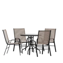 Emma And Oliver Five Piece Patio Table Set With Round Metal Table With Tempered Glass Top And 4 Flex Comfort Stacking Chairs -Home office GUEST 880de0a8 43dc 4d72 9132 9836a50aef28